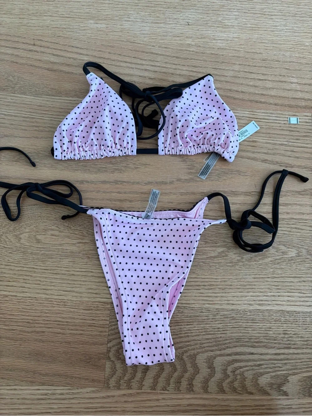 Frankie’s bikinis Pink Polka Dot Tie-Bikini with Black Trim